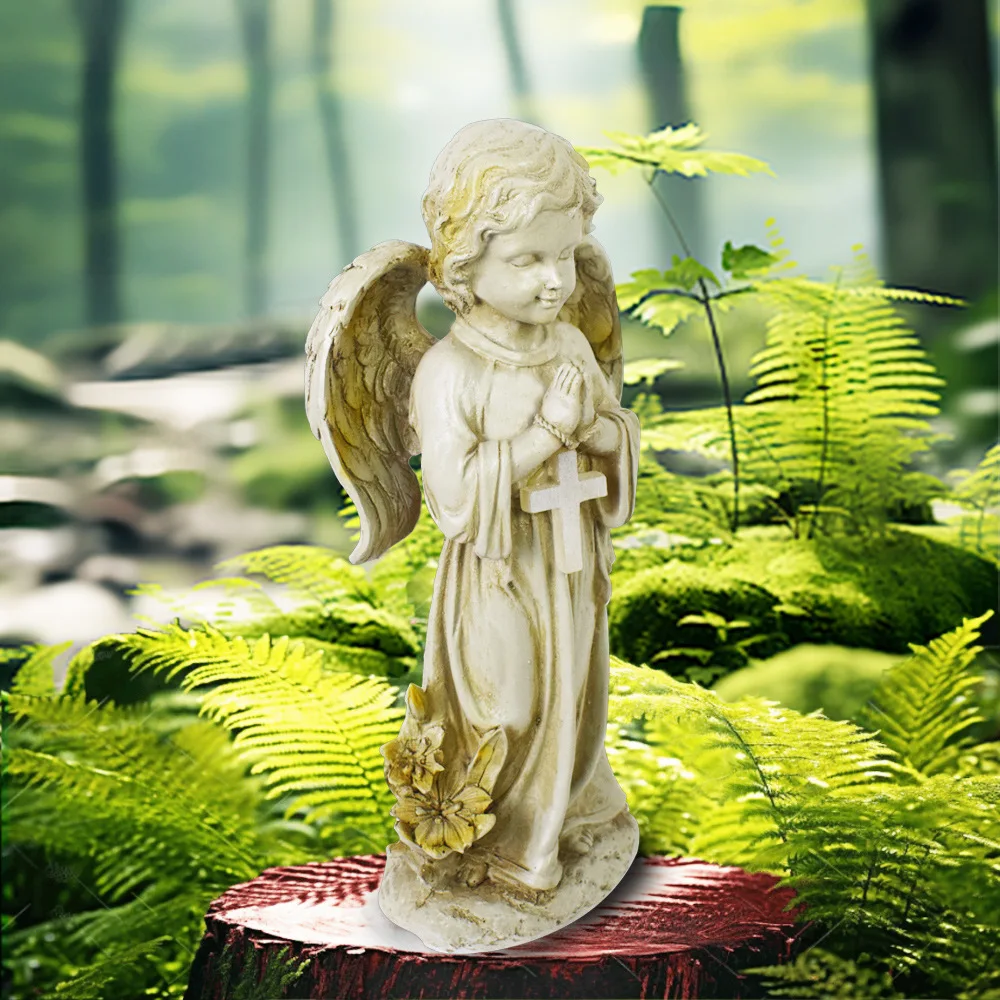 Solar Garden Decor Outdoor Statue, Solar Angel Statues Outside Garden, Solar Resin Prayer Angel with Flower Ornament Light - Image 4