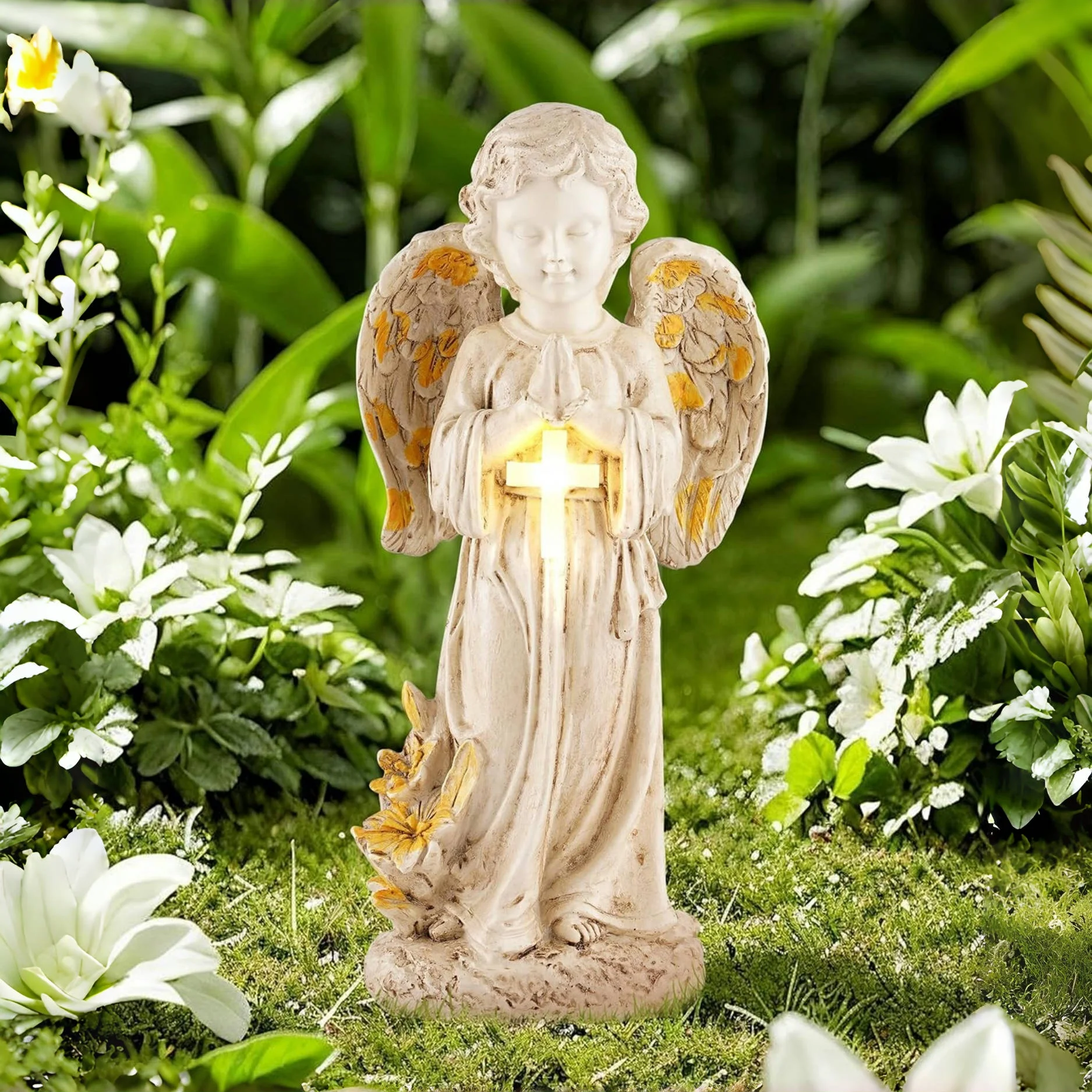 Solar Garden Decor Outdoor Statue, Solar Angel Statues Outside Garden, Solar Resin Prayer Angel with Flower Ornament Light - Image 2
