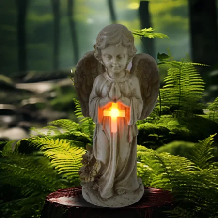 Solar Garden Decor Outdoor Statue, Solar Angel Statues Outside Garden, Solar Resin Prayer Angel with Flower Ornament Light