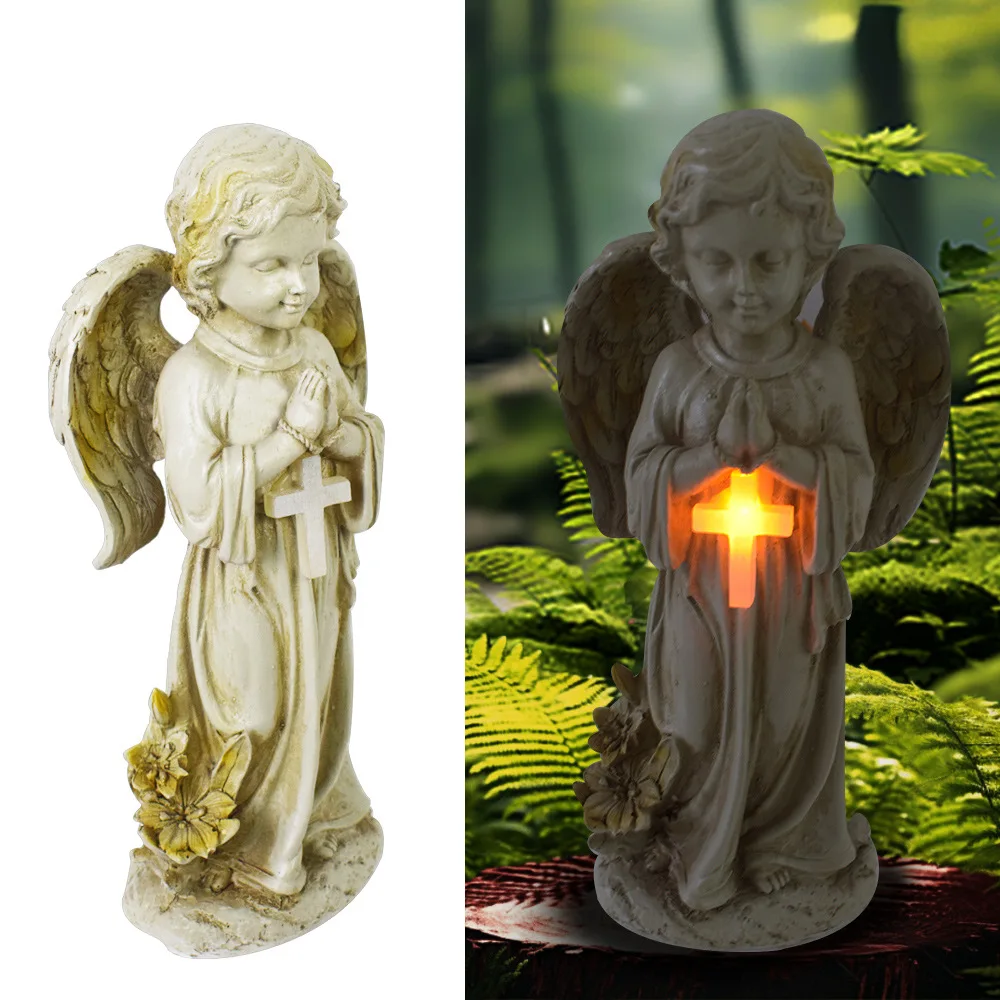 Solar Garden Decor Outdoor Statue, Solar Angel Statues Outside Garden, Solar Resin Prayer Angel with Flower Ornament Light - Image 5