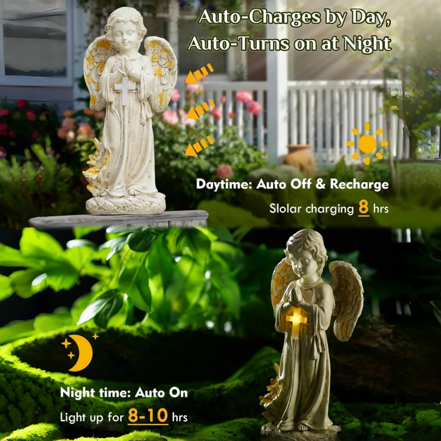 Solar Garden Decor Outdoor Statue, Solar Angel Statues Outside Garden, Solar Resin Prayer Angel with Flower Ornament Light - Image 6