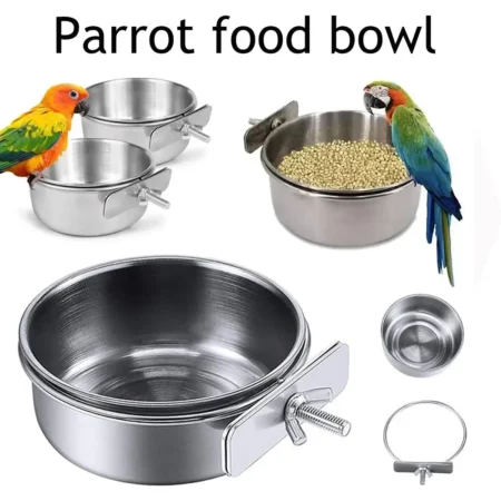Stainless Steel Bird Bowls Parrot Feeding Bowl Cage Cup Hanging Bowl Clamp-on Water Drinker Pet Food Dish Parrot Rabbit Hamster