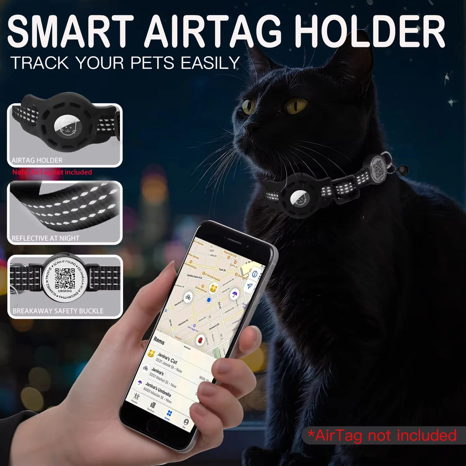 Cat GPS Collar with QR Code Tag & Airtag Case Reflective Apple Tag Cats Collar for Tracker Pet Breakaway Air Tag Kitten Collar - Image 4