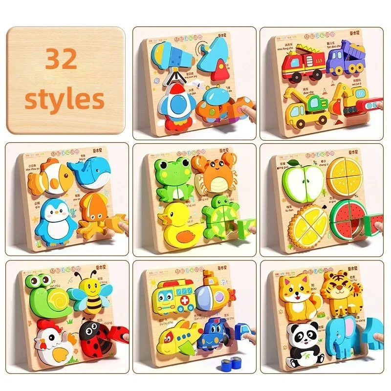 Montessori Cartoon 3D Wooden Puzzle Animal Traffic Jigsaw Toys for Kids Early Learning Educational Cognitive Game Children Gifts - Image 2