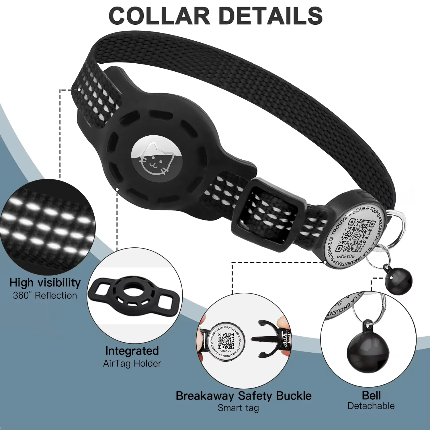 Cat GPS Collar with QR Code Tag & Airtag Case Reflective Apple Tag Cats Collar for Tracker Pet Breakaway Air Tag Kitten Collar - Image 3