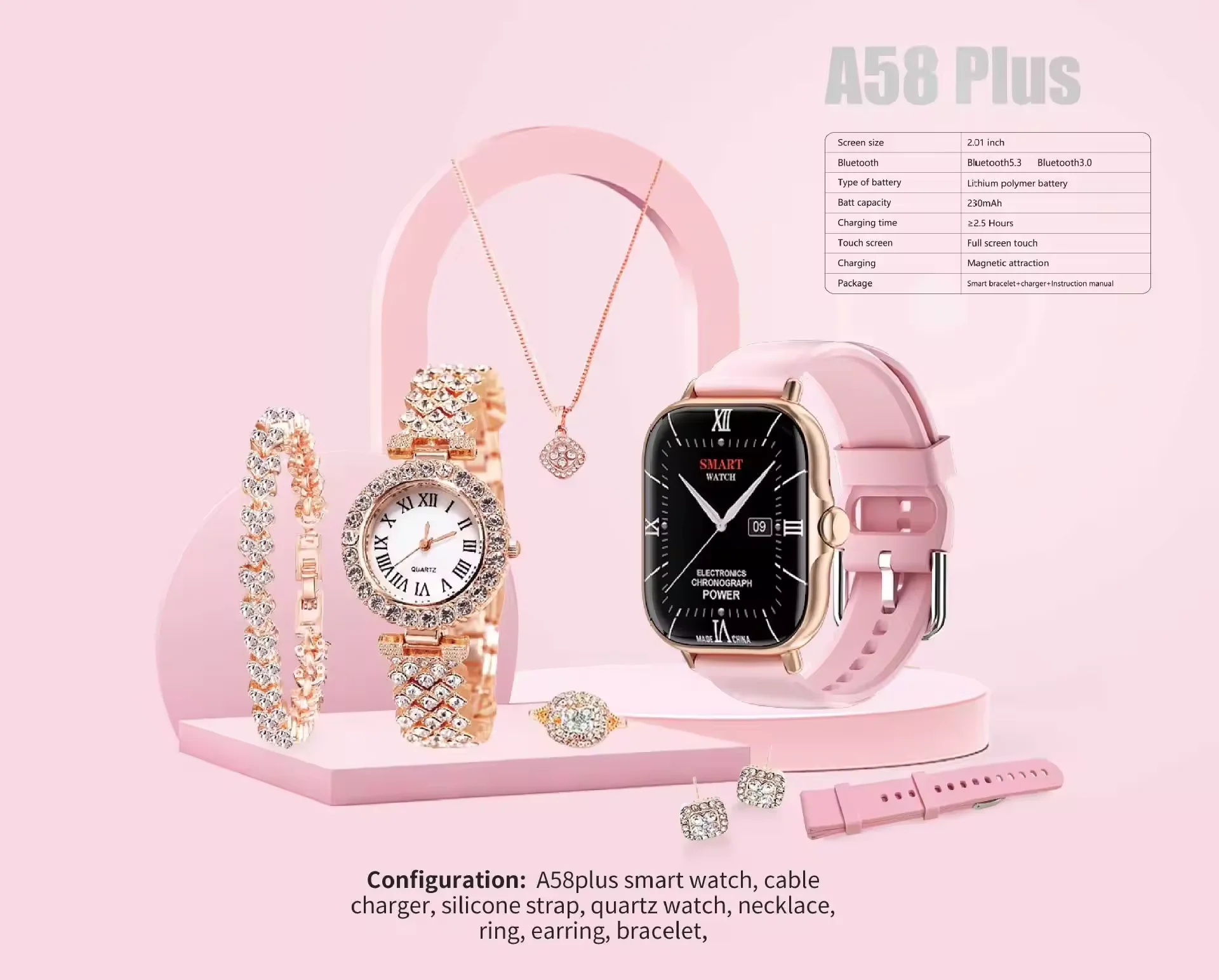 A58 Plus Couple Watch Sets Pair Men Smartwatch Luxury Women Diamond Watch Bracelet Ring Earrings Necklace Gift Pack A58 - Image 6