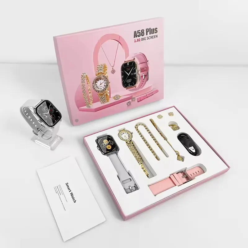 A58 Plus Couple Watch Sets Pair Men Smartwatch Luxury Women Diamond Watch Bracelet Ring Earrings Necklace Gift Pack A58 - Image 3