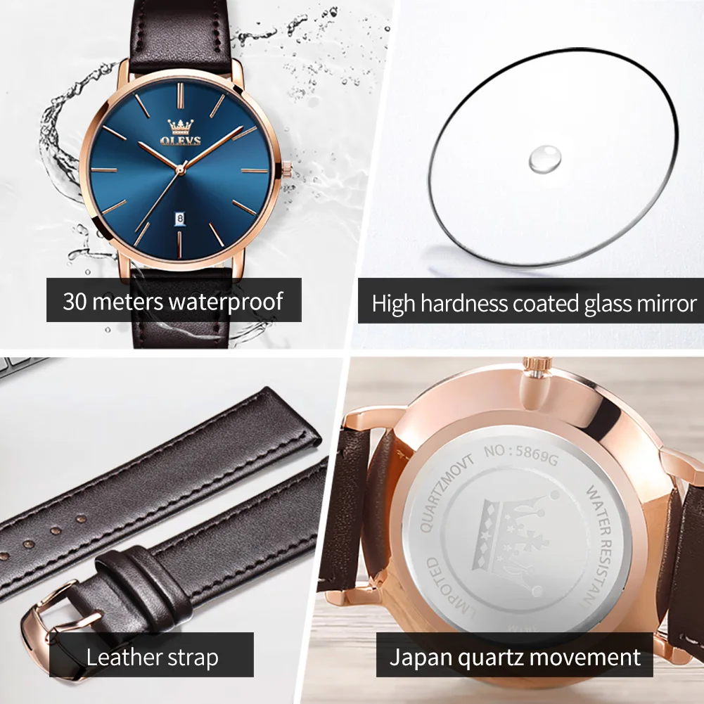 OLEVS 5869 Couple Hand Watch Luxury Brand Genuine Leather WristWatch Not Specified WaterProof Quartz Watch for Men and Women - Image 6