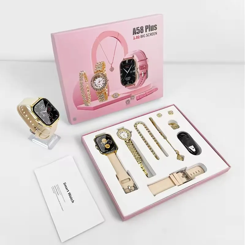 A58 Plus Couple Watch Sets Pair Men Smartwatch Luxury Women Diamond Watch Bracelet Ring Earrings Necklace Gift Pack A58 - Image 2