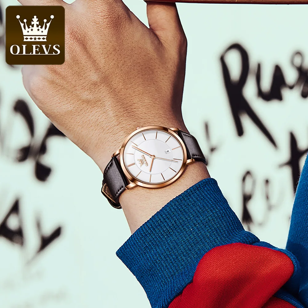OLEVS 5869 Couple Hand Watch Luxury Brand Genuine Leather WristWatch Not Specified WaterProof Quartz Watch for Men and Women - Image 3