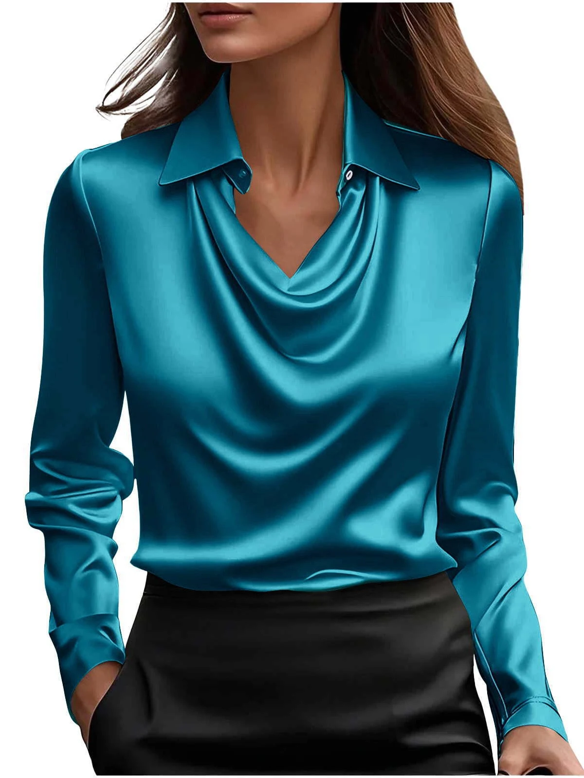 Women Long Sleeve Lapel V Neck Satin Blouse Elegant Solid Loose Shirt Spring Summer Simple Chic Offce Lady Tops Fake Silk Shirt - Image 25
