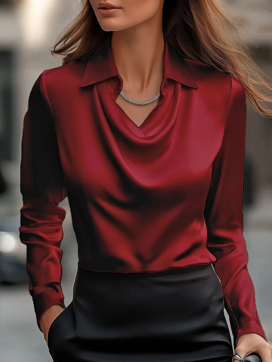 Women Long Sleeve Lapel V Neck Satin Blouse Elegant Solid Loose Shirt Spring Summer Simple Chic Offce Lady Tops Fake Silk Shirt - Image 20