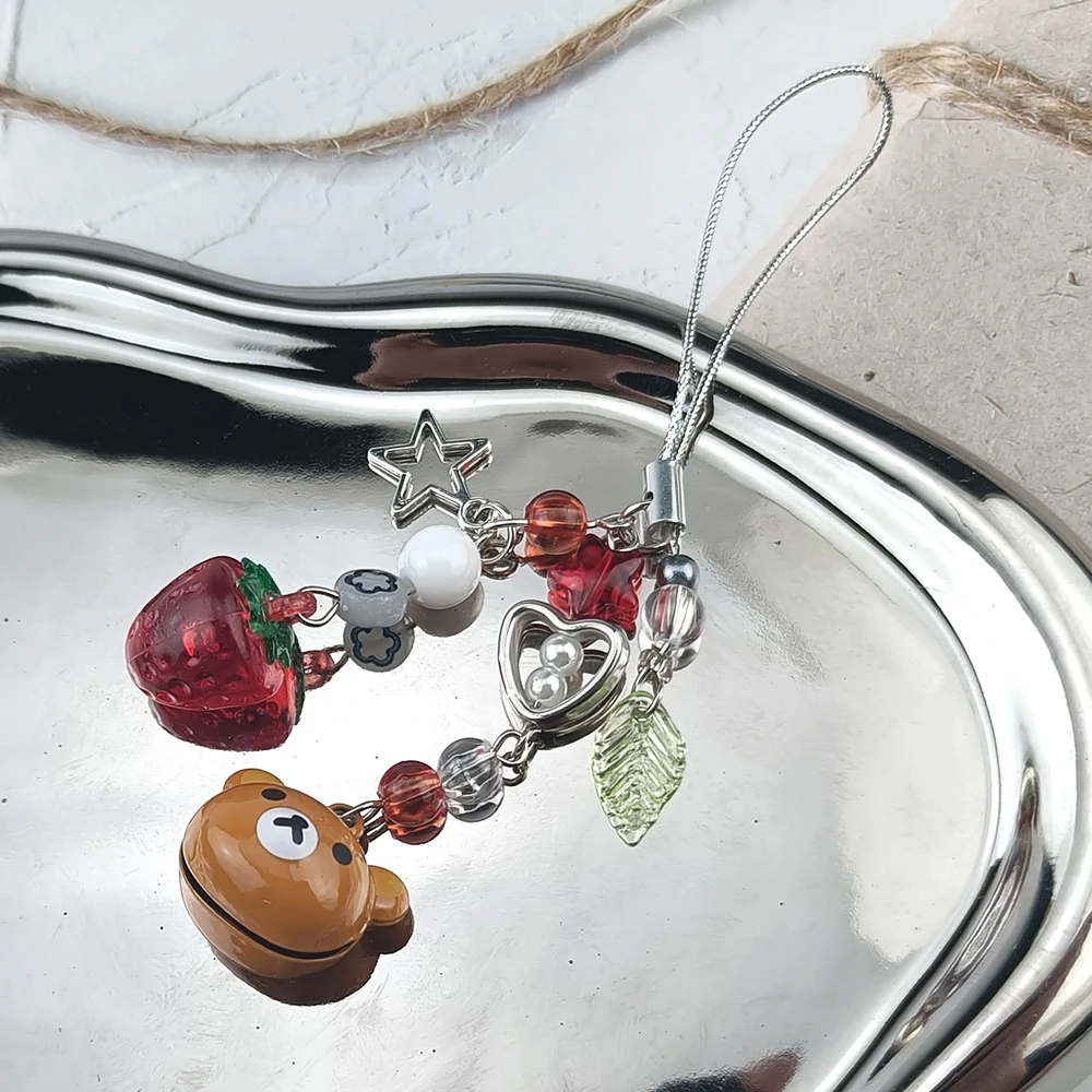 Handmadede Small Bell Bear Pendant Phone Charms Y2K Fairy Core Strawberry Rilakkuma Beaded Keychain Bag Accessories for Girls - Image 5