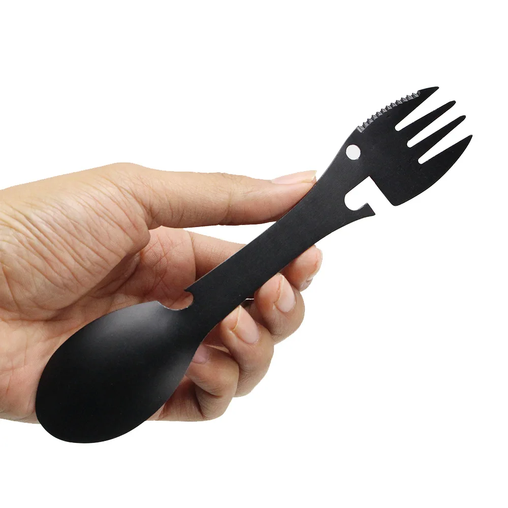 Outdoor Multi-functional 5-in-1 EDC Camping Survival Tool Stainless Steel Fork Knife Spoon Bottle/Can Opener