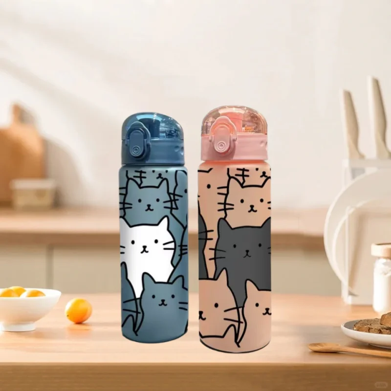 780ML 3D Cartoon Cat Printed Durable Water Bottle PVC-Free, Leak-Proof, Matte Finish, Includes Carry Loop, Perfect for Holidays - Image 2