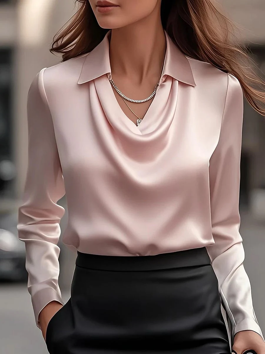 Women Long Sleeve Lapel V Neck Satin Blouse Elegant Solid Loose Shirt Spring Summer Simple Chic Offce Lady Tops Fake Silk Shirt - Image 15