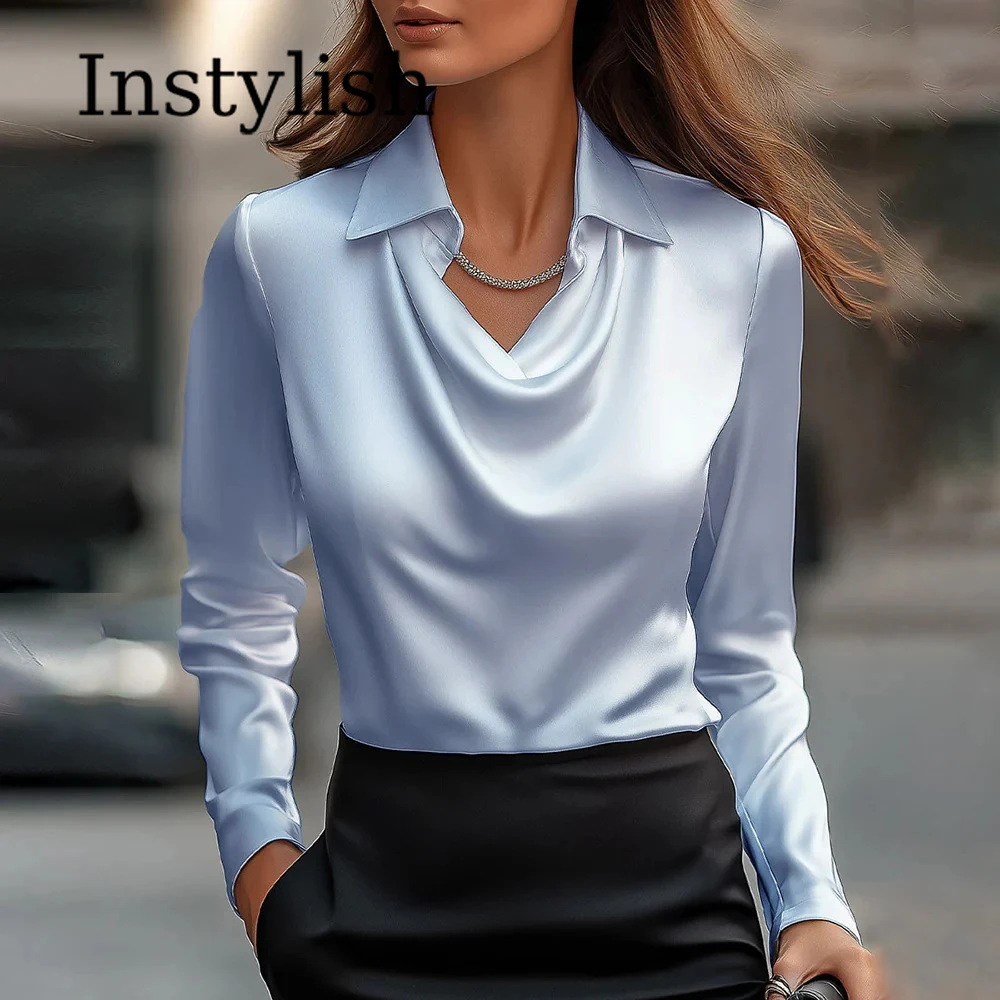 Women Long Sleeve Lapel V Neck Satin Blouse Elegant Solid Loose Shirt Spring Summer Simple Chic Offce Lady Tops Fake Silk Shirt - Image 3