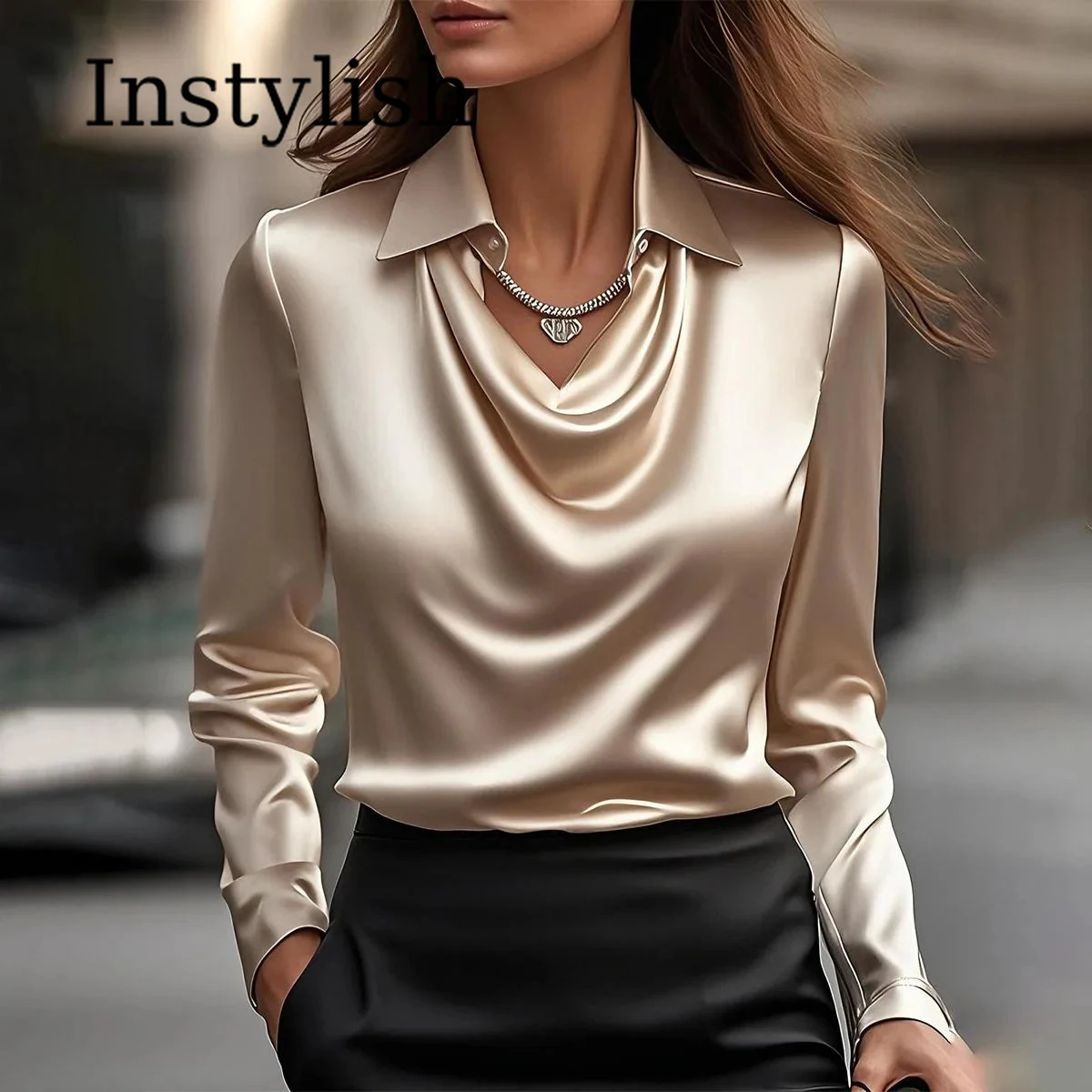 Women Long Sleeve Lapel V Neck Satin Blouse Elegant Solid Loose Shirt Spring Summer Simple Chic Offce Lady Tops Fake Silk Shirt - Image 2