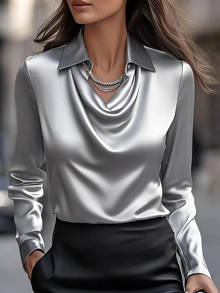 Women Long Sleeve Lapel V Neck Satin Blouse Elegant Solid Loose Shirt Spring Summer Simple Chic Offce Lady Tops Fake Silk Shirt - Image 9