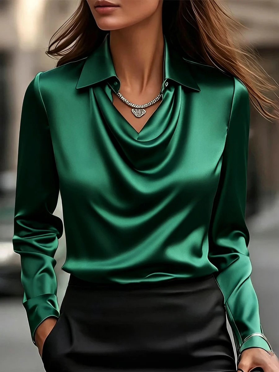 Women Long Sleeve Lapel V Neck Satin Blouse Elegant Solid Loose Shirt Spring Summer Simple Chic Offce Lady Tops Fake Silk Shirt - Image 23