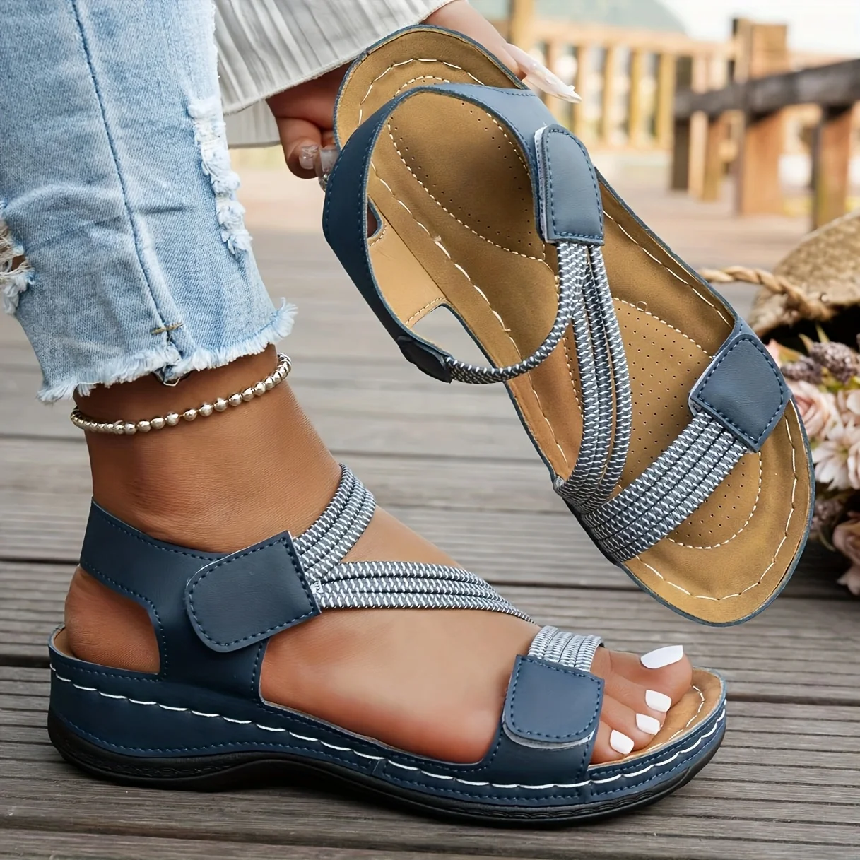 Women's simple solid color wedge sandals, casual open toed retro thick soled sandals, comfortable thick heeled beach sandals - Image 8