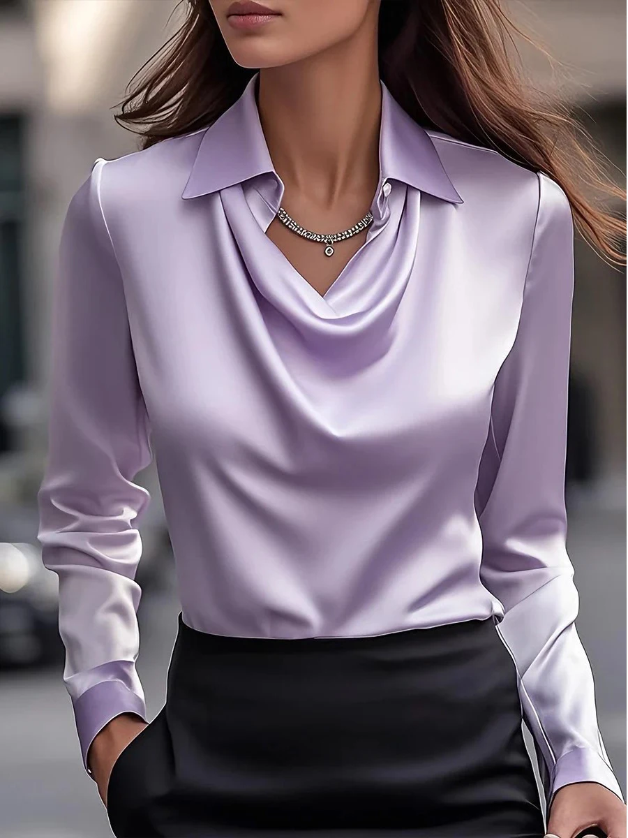 Women Long Sleeve Lapel V Neck Satin Blouse Elegant Solid Loose Shirt Spring Summer Simple Chic Offce Lady Tops Fake Silk Shirt - Image 16
