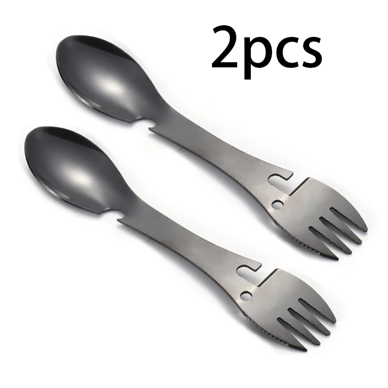Outdoor Multi-functional 5-in-1 EDC Camping Survival Tool Stainless Steel Fork Knife Spoon Bottle/Can Opener - Image 7