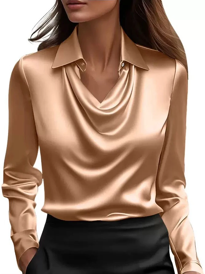 Women Long Sleeve Lapel V Neck Satin Blouse Elegant Solid Loose Shirt Spring Summer Simple Chic Offce Lady Tops Fake Silk Shirt - Image 26