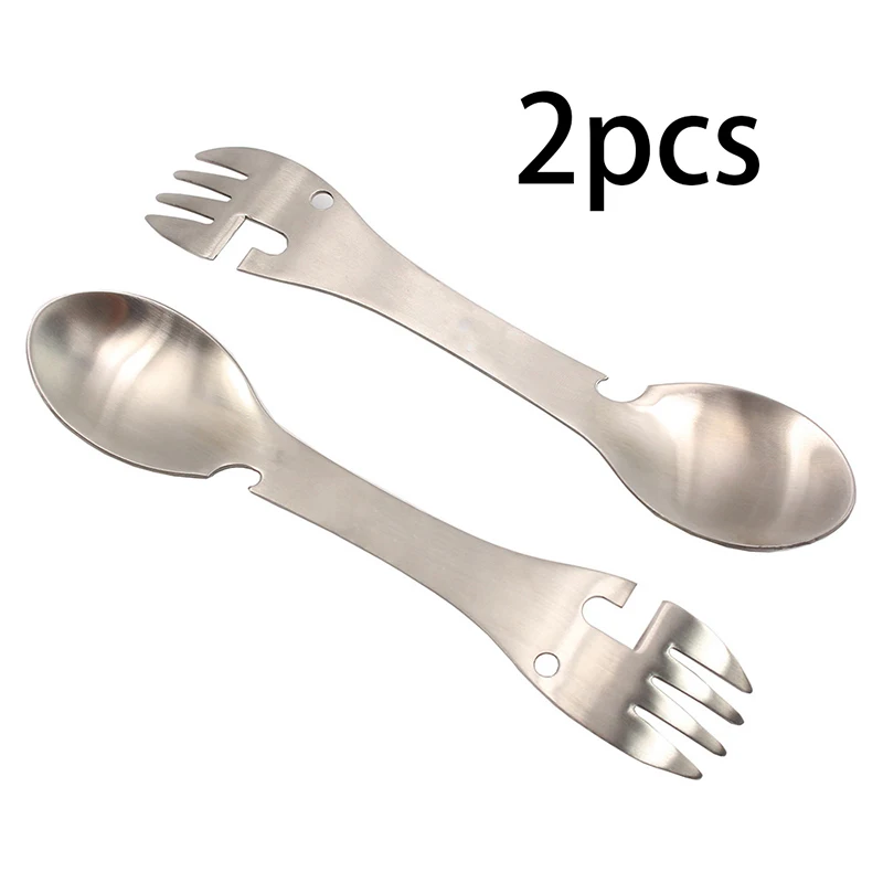Outdoor Multi-functional 5-in-1 EDC Camping Survival Tool Stainless Steel Fork Knife Spoon Bottle/Can Opener - Image 8