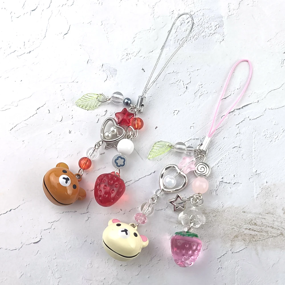 Handmadede Small Bell Bear Pendant Phone Charms Y2K Fairy Core Strawberry Rilakkuma Beaded Keychain Bag Accessories for Girls - Image 6