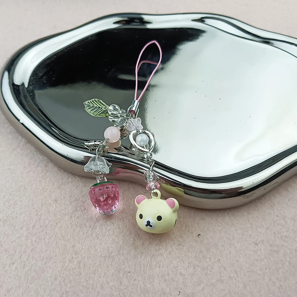 Handmadede Small Bell Bear Pendant Phone Charms Y2K Fairy Core Strawberry Rilakkuma Beaded Keychain Bag Accessories for Girls - Image 4