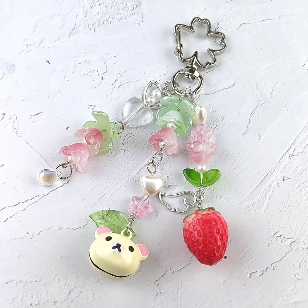 Handmadede Small Bell Bear Pendant Phone Charms Y2K Fairy Core Strawberry Rilakkuma Beaded Keychain Bag Accessories for Girls - Image 10
