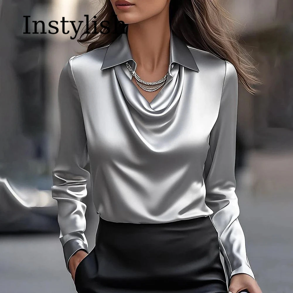 Women Long Sleeve Lapel V Neck Satin Blouse Elegant Solid Loose Shirt Spring Summer Simple Chic Offce Lady Tops Fake Silk Shirt - Image 4