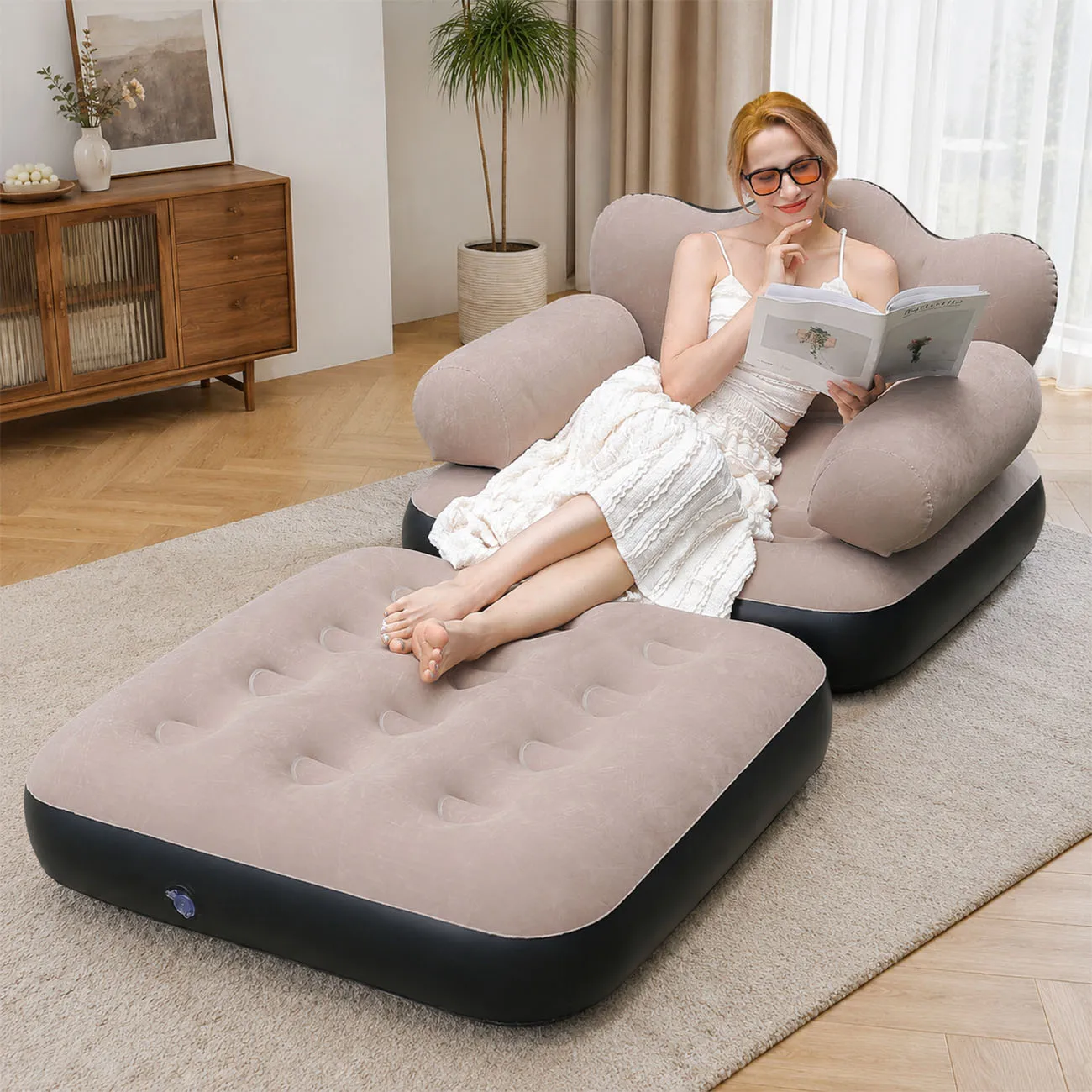 1PC Queen Size Inflatable Sofa Bed with Headboard, Convertible Blow Up Couch, 2-in-1 Black Air Sofa Bed for Home, Camping - Image 5