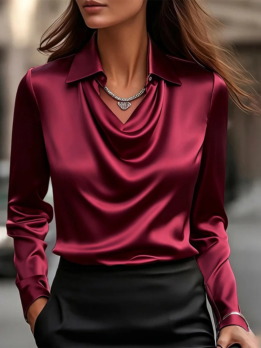 Women Long Sleeve Lapel V Neck Satin Blouse Elegant Solid Loose Shirt Spring Summer Simple Chic Offce Lady Tops Fake Silk Shirt - Image 27