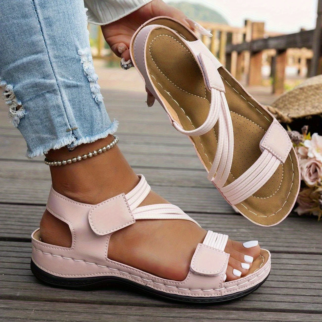 Women's simple solid color wedge sandals, casual open toed retro thick soled sandals, comfortable thick heeled beach sandals - Image 6