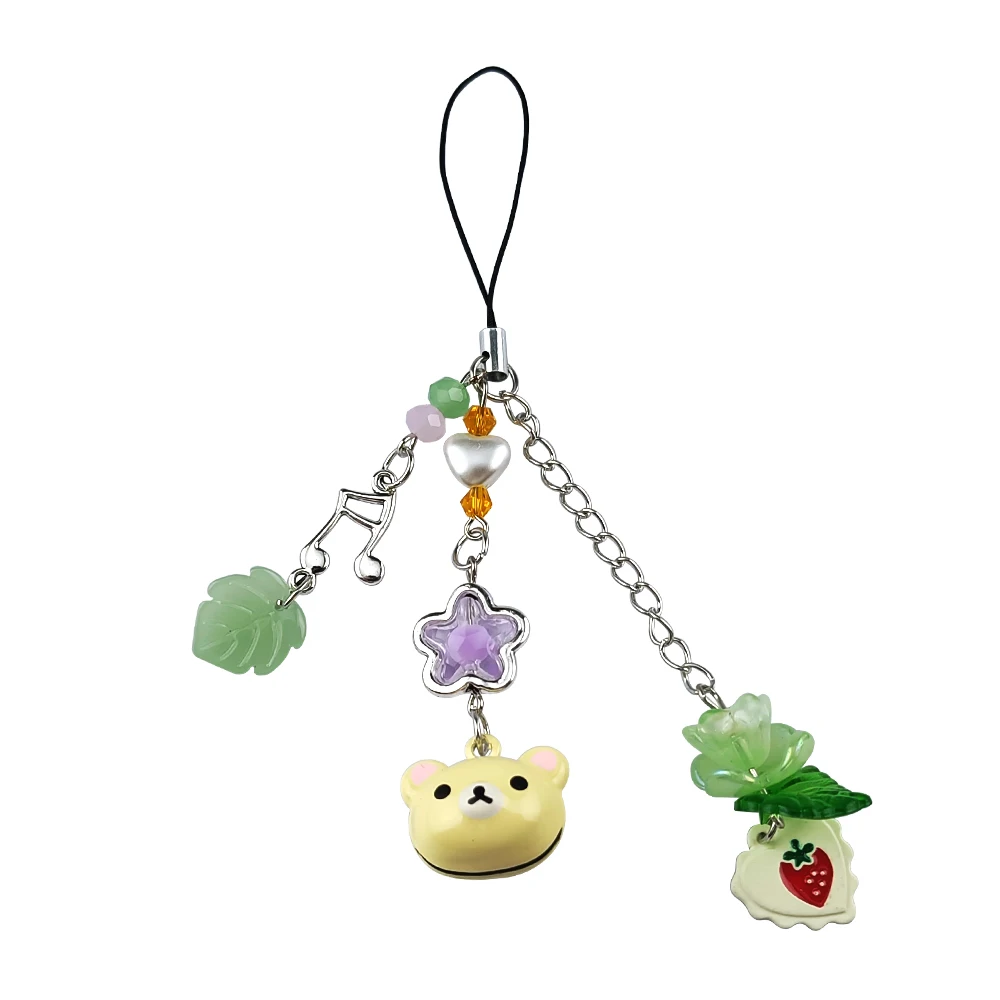 Handmadede Small Bell Bear Pendant Phone Charms Y2K Fairy Core Strawberry Rilakkuma Beaded Keychain Bag Accessories for Girls - Image 7