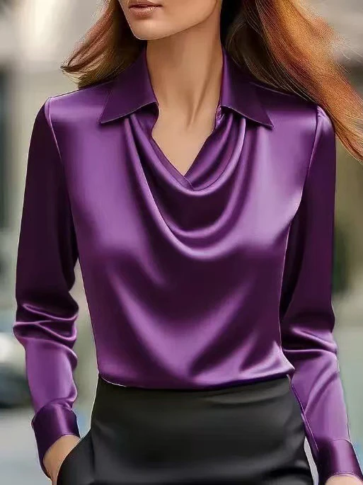 Women Long Sleeve Lapel V Neck Satin Blouse Elegant Solid Loose Shirt Spring Summer Simple Chic Offce Lady Tops Fake Silk Shirt - Image 22