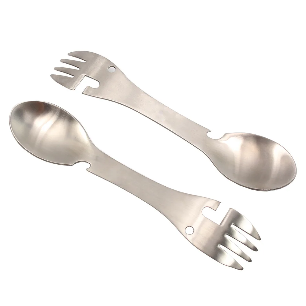 Outdoor Multi-functional 5-in-1 EDC Camping Survival Tool Stainless Steel Fork Knife Spoon Bottle/Can Opener - Image 4