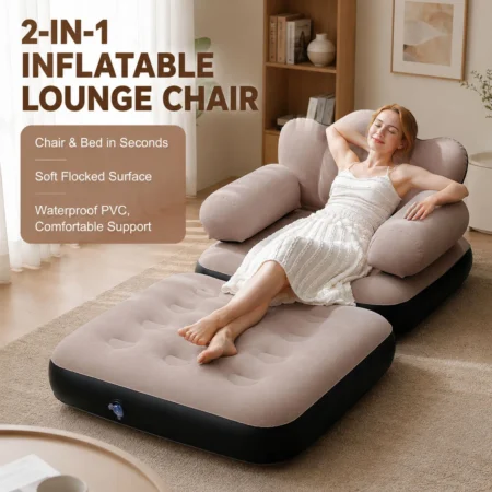 1PC Queen Size Inflatable Sofa Bed with Headboard, Convertible Blow Up Couch, 2-in-1 Black Air Sofa Bed for Home, Camping