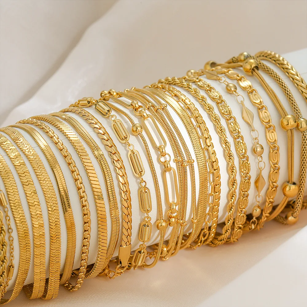 Multi Styles Thick Bracelets Simple High End Gold Filled Beaded Bracelet Personalized Stainless Steel Body Jewelry for Women