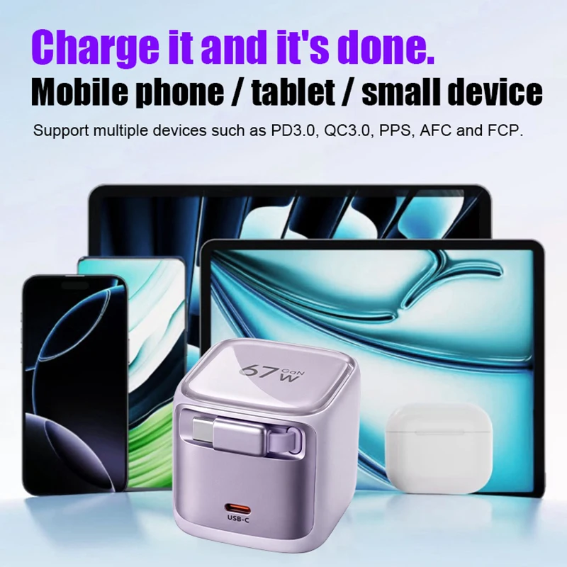 CYKE New 67W Charger Block with Retractable Type C Cable and Dual Port Travel GAN Charger, PD PPS Fast Foldable Wall Charger K62 - Image 3
