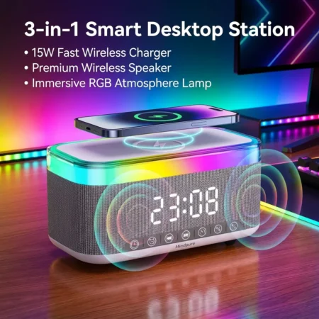 3 in 1 Wireless Charger BT Speaker 15W Fast Charging RGB Lamp Sunrise Alarm Clock Desk Colorful Night Light for Dorm Kids Gift