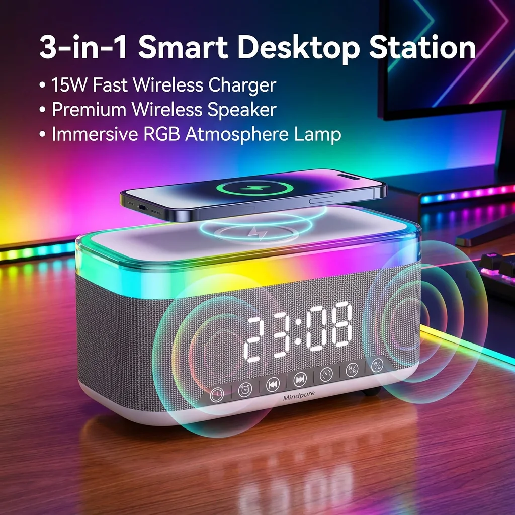 3 in 1 Wireless Charger BT Speaker 15W Fast Charging RGB Lamp Sunrise Alarm Clock Desk Colorful Night Light for Dorm Kids Gift