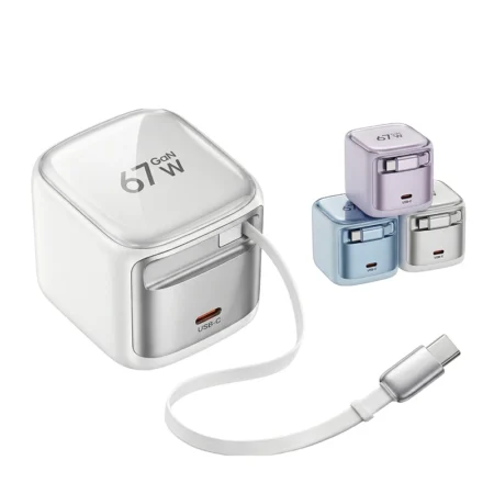 CYKE New 67W Charger Block with Retractable Type C Cable and Dual Port Travel GAN Charger, PD PPS Fast Foldable Wall Charger K62