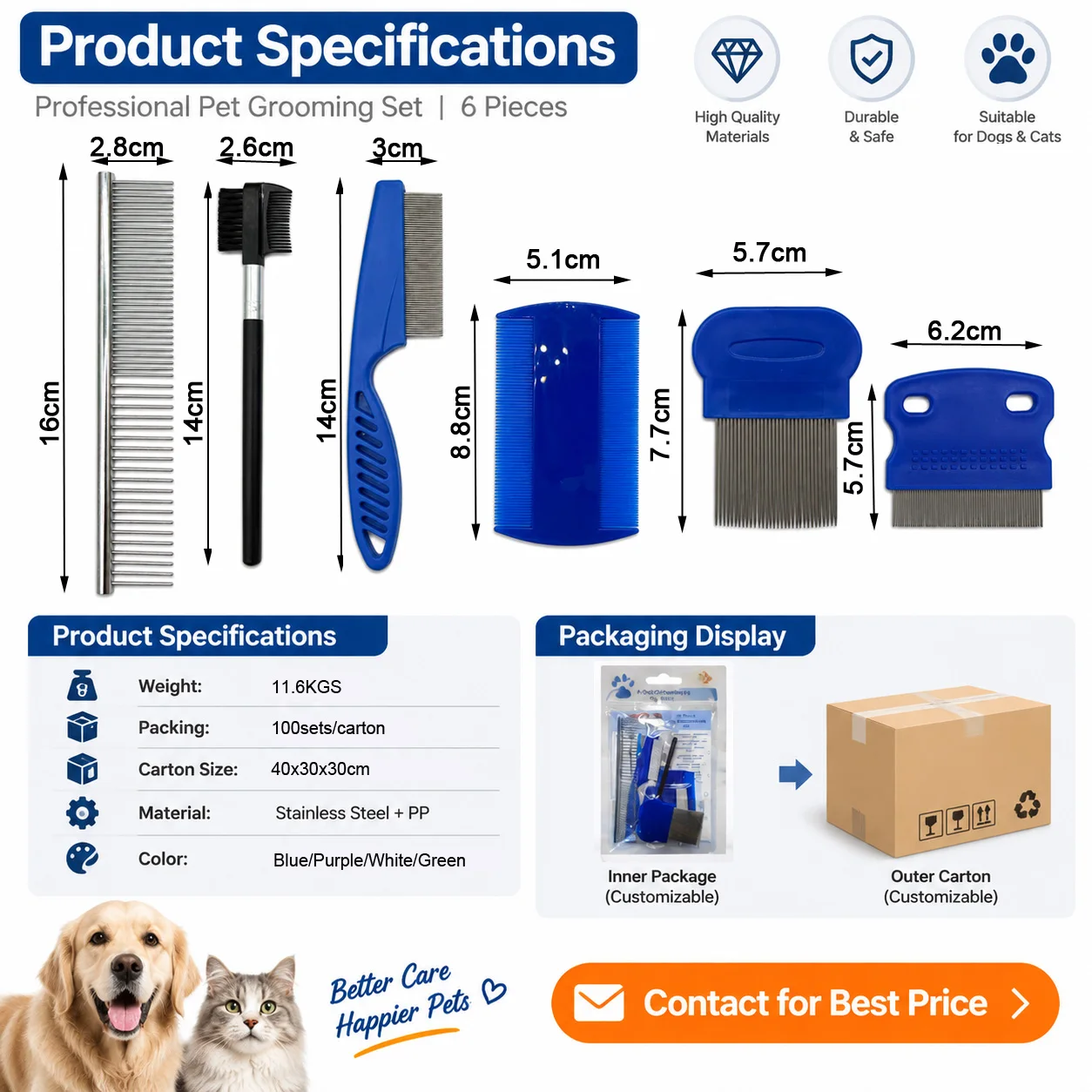 6-Piece Pet Grooming Kit Professional Cleaning and Lice Removal Tool Set Detangling Hair Brush for Dogs and Cats Wholesale - Image 6