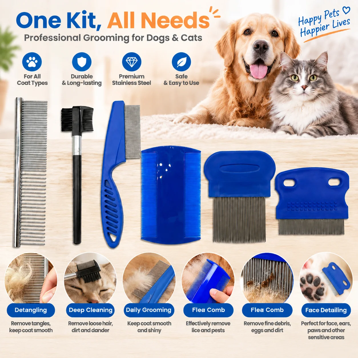 6-Piece Pet Grooming Kit Professional Cleaning and Lice Removal Tool Set Detangling Hair Brush for Dogs and Cats Wholesale - Image 2