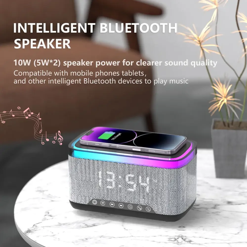 3 in 1 Wireless Charger BT Speaker 15W Fast Charging RGB Lamp Sunrise Alarm Clock Desk Colorful Night Light for Dorm Kids Gift - Image 3