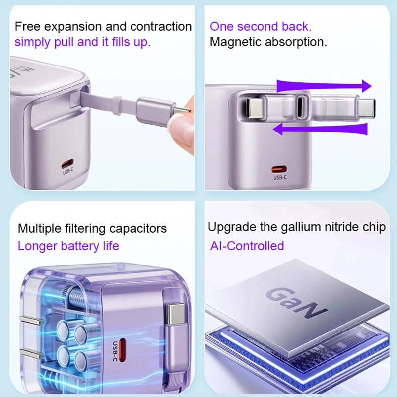 CYKE New 67W Charger Block with Retractable Type C Cable and Dual Port Travel GAN Charger, PD PPS Fast Foldable Wall Charger K62 - Image 2