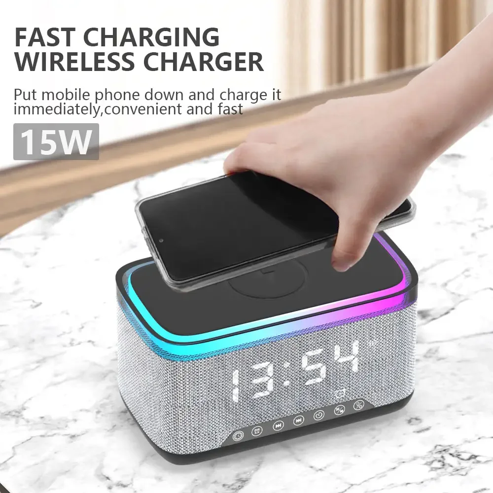 3 in 1 Wireless Charger BT Speaker 15W Fast Charging RGB Lamp Sunrise Alarm Clock Desk Colorful Night Light for Dorm Kids Gift - Image 4